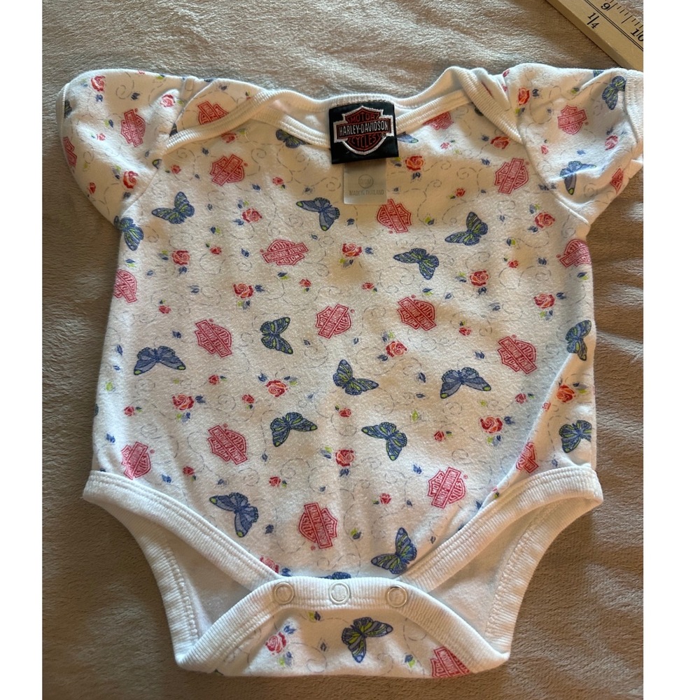 Harley Davidson Baby Girls Butterfly Rose Logo‎ Bodysuit White 0-6M Short Sleeve